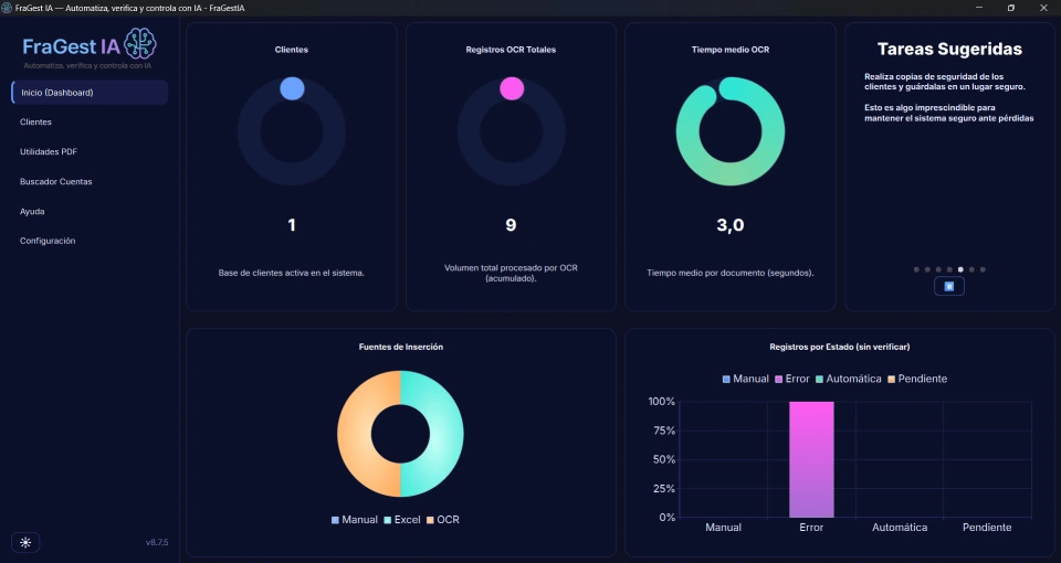 Dashboard principal de FraGest IA para asesorías